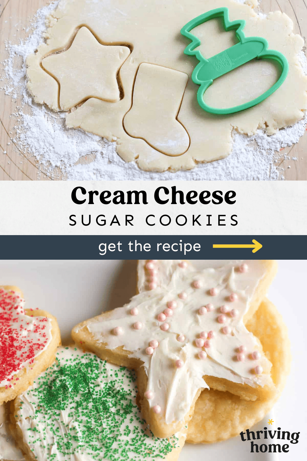 A photo of cookie cutters on rolled out sugar cookie dough and a photo of decorated cookies.