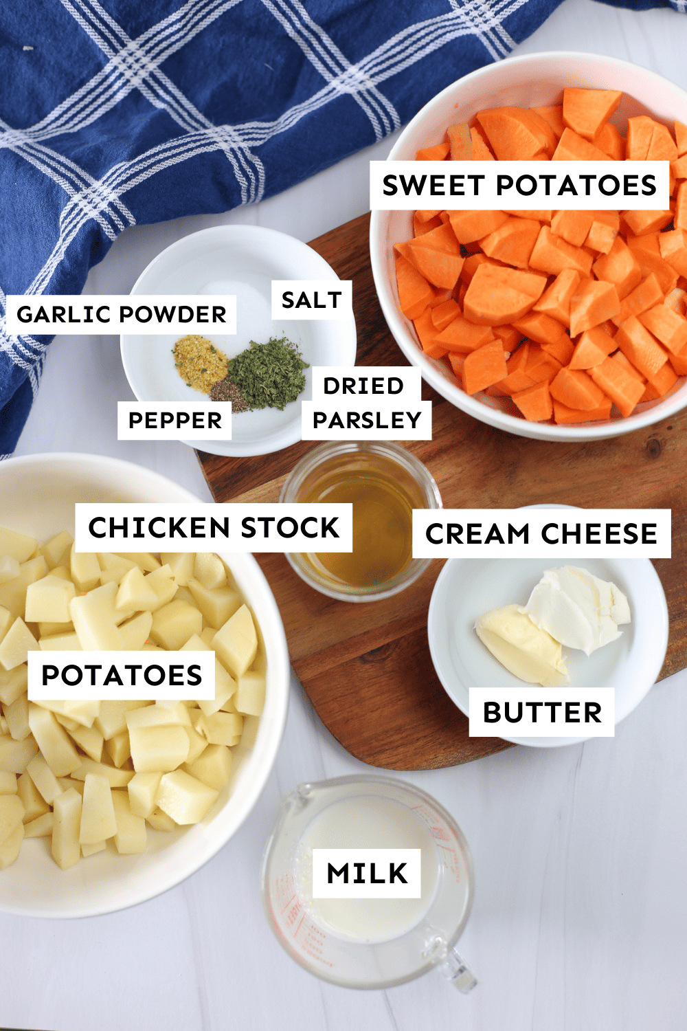 Labeled ingredients for healthy mashed potatoes. 