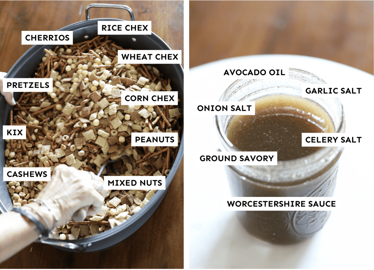 Labeled ingredients for homemade chex mix. 