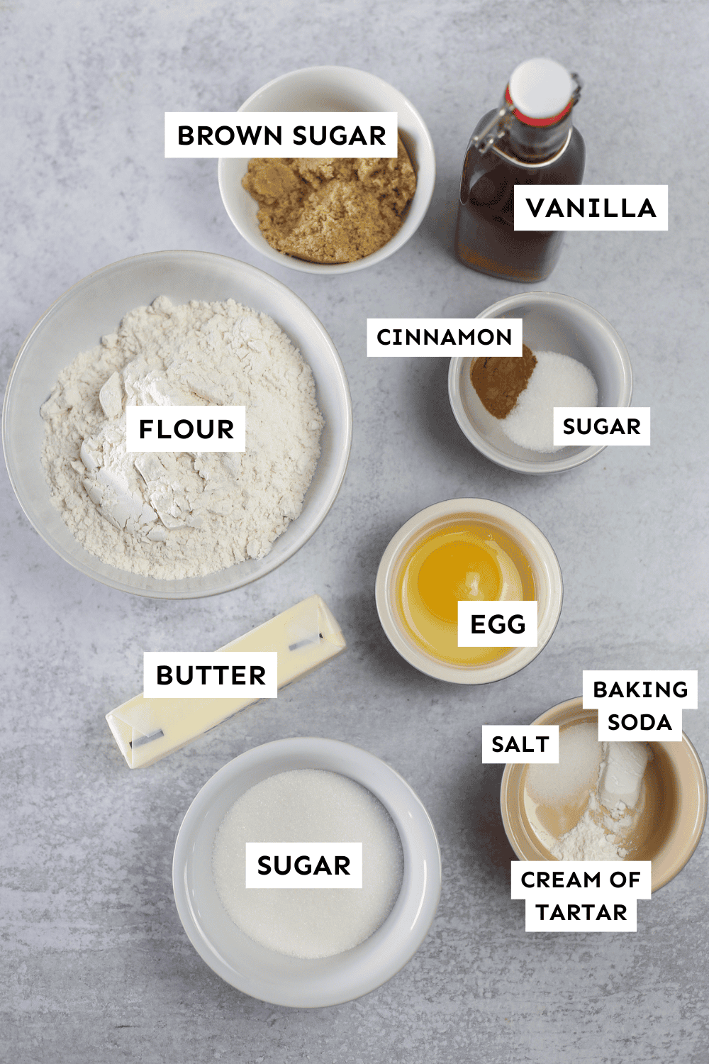 Snickerdoodle ingredients measured out and labeled.