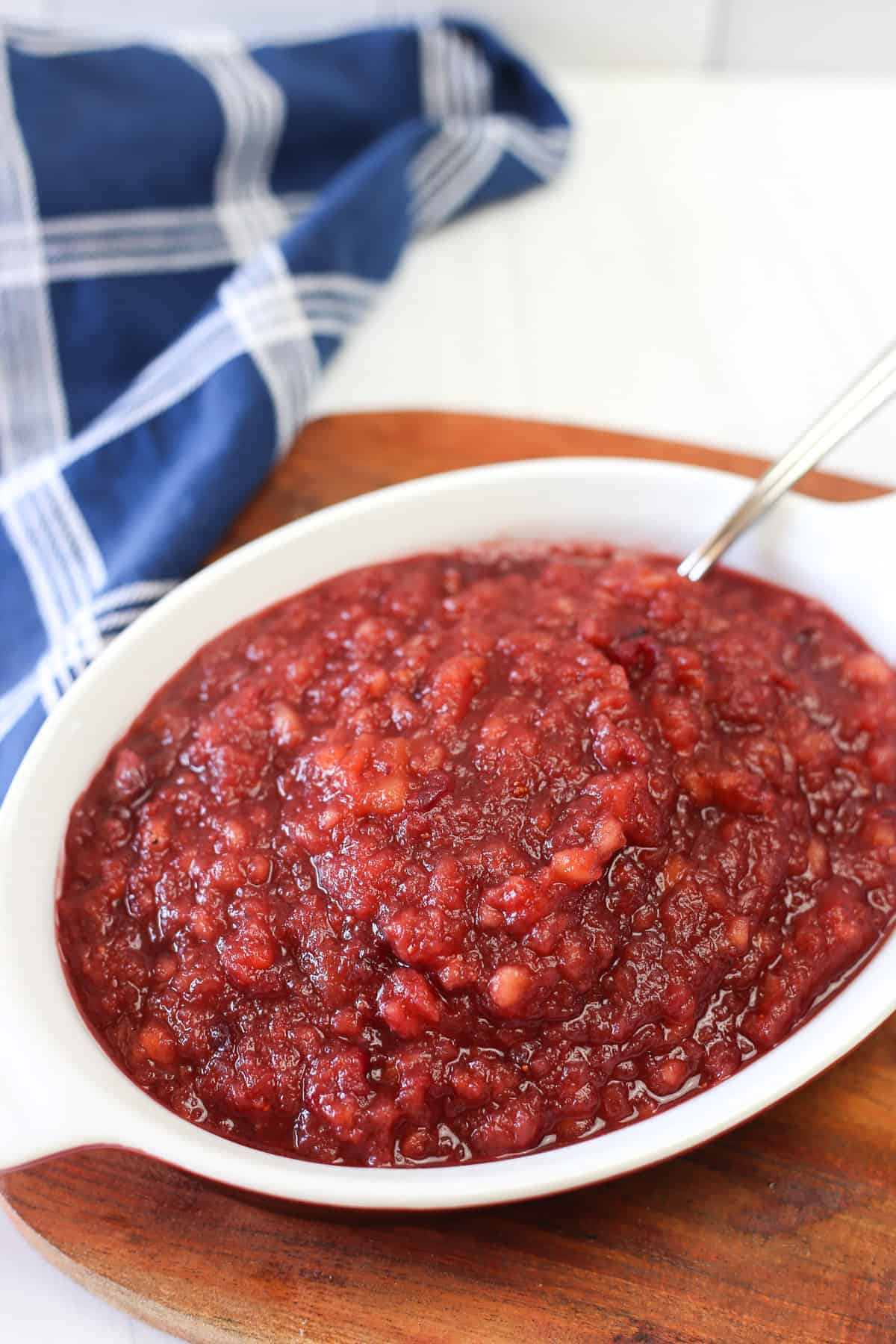 Apple cranberry sauce in a serving dish. 