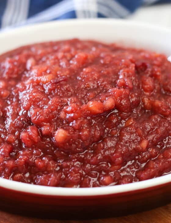 Apple cranberry sauce in a serving dish.
