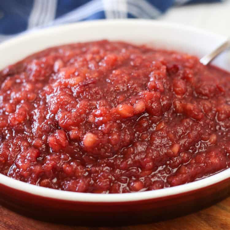 Apple cranberry sauce in a serving dish.
