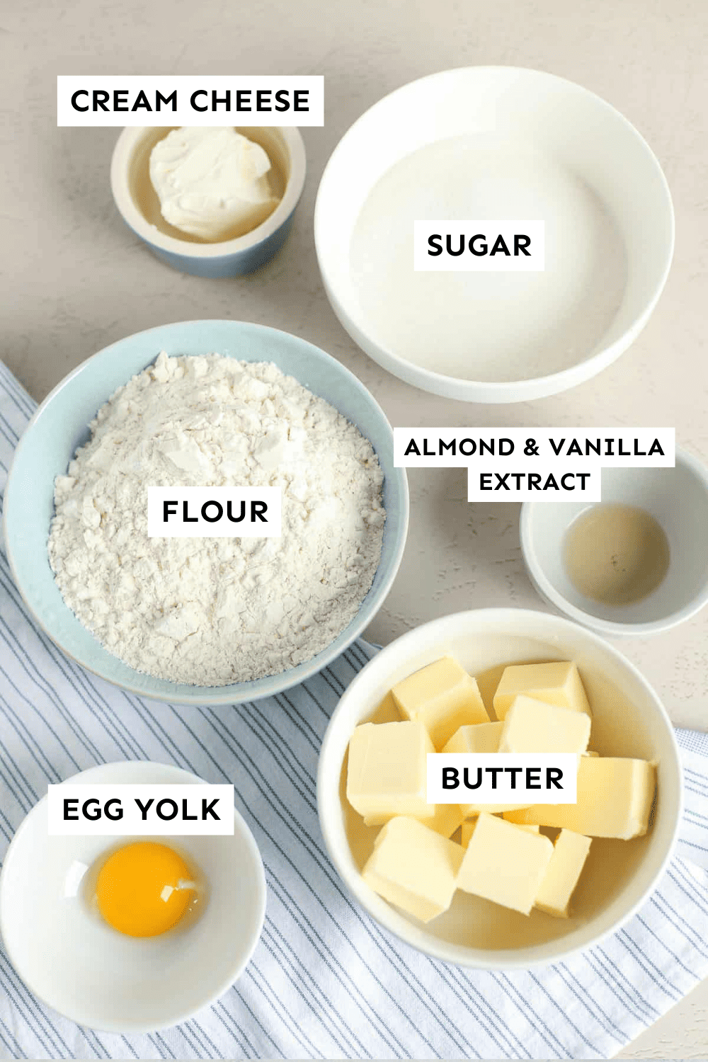 Ingredients for cream cheese sugar cookies labeled. 