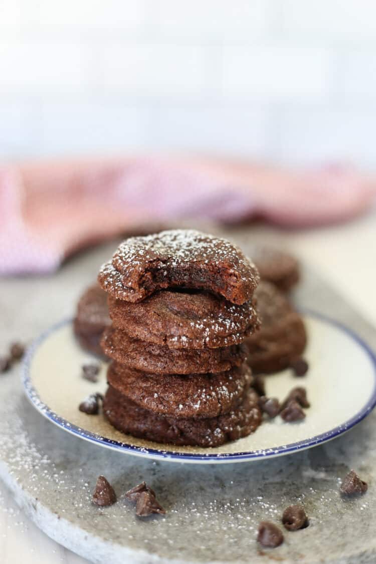 Brownie Mix Cookies stacked on a plate.