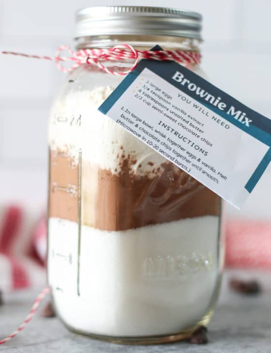 Homemade brownie mix in a mason jar with tag.