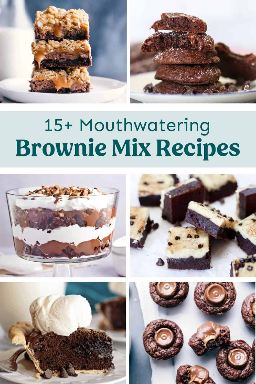 Collage of pictures of desserts that start with a brownie mix.