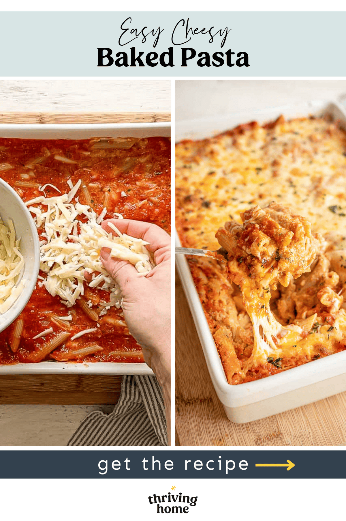 Side by side photos of cheese being sprinkled on top of marinara and pasta, and then a fully baked casserole dish.