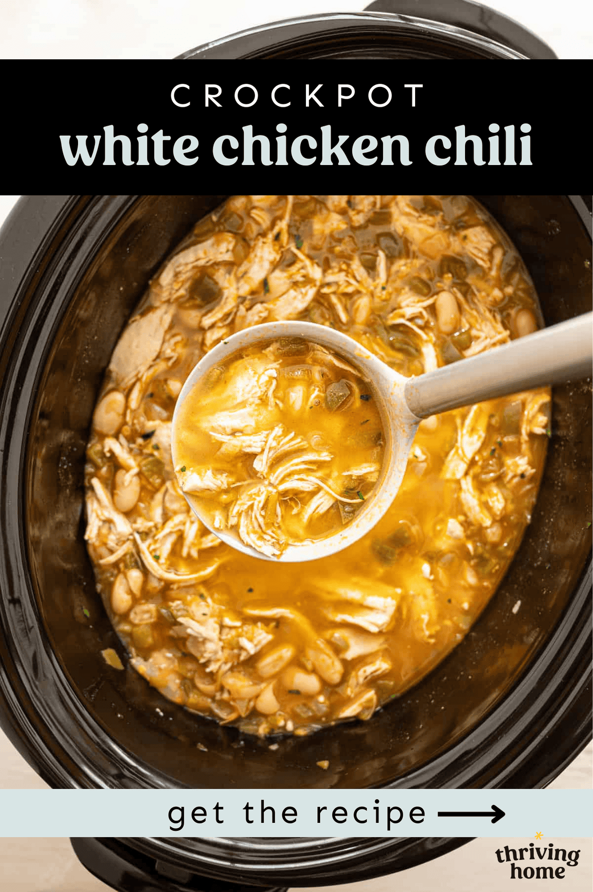 White chicken chili being served from a crock pot.