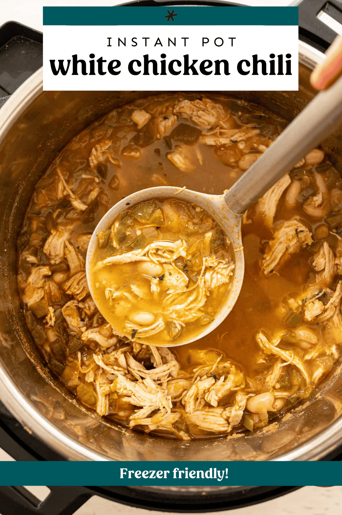 Instant Pot white chicken chili being ladled into a bowl.