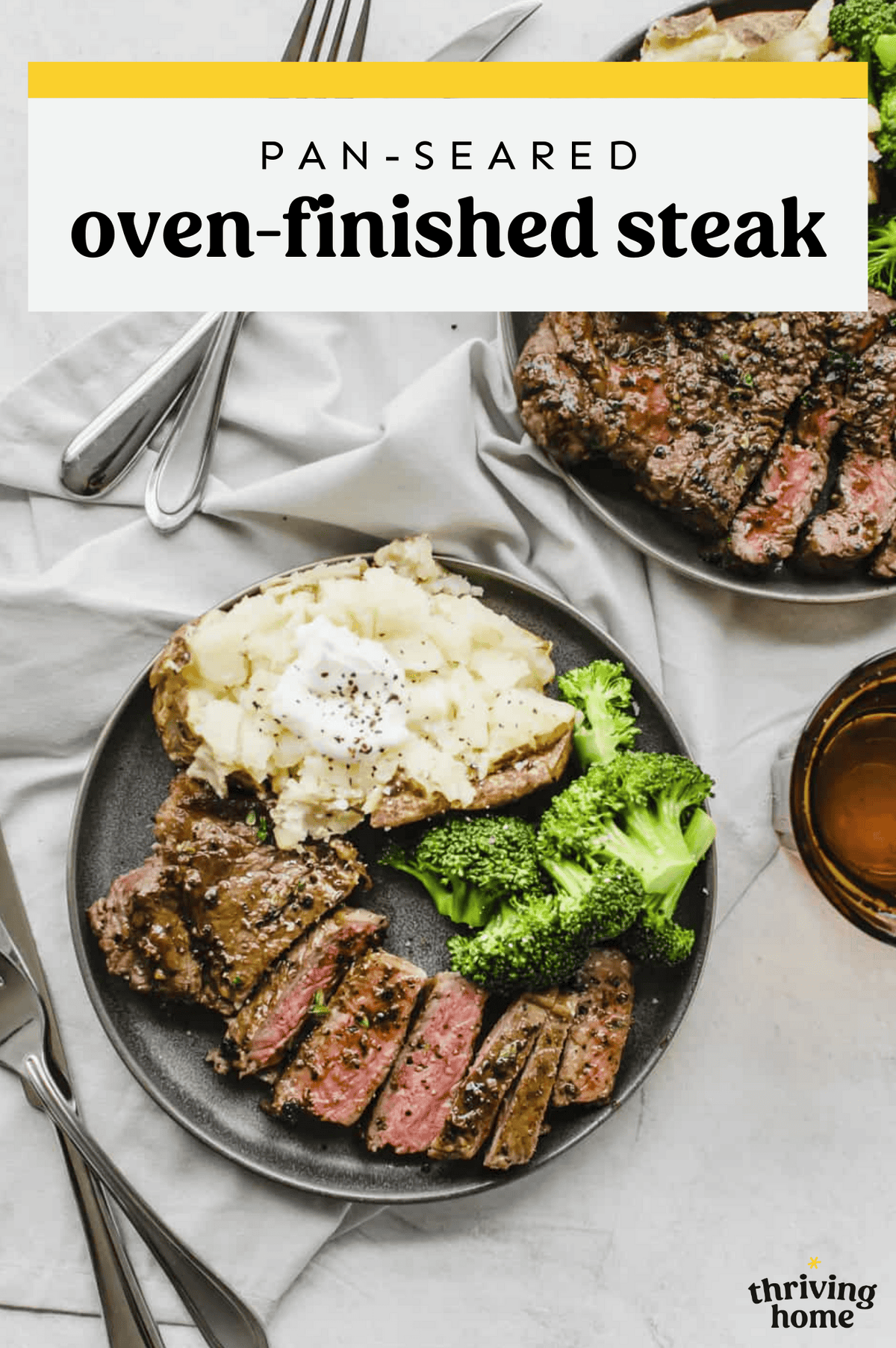 Sliced steak on a plate with a baked potato and steamed broccoli.