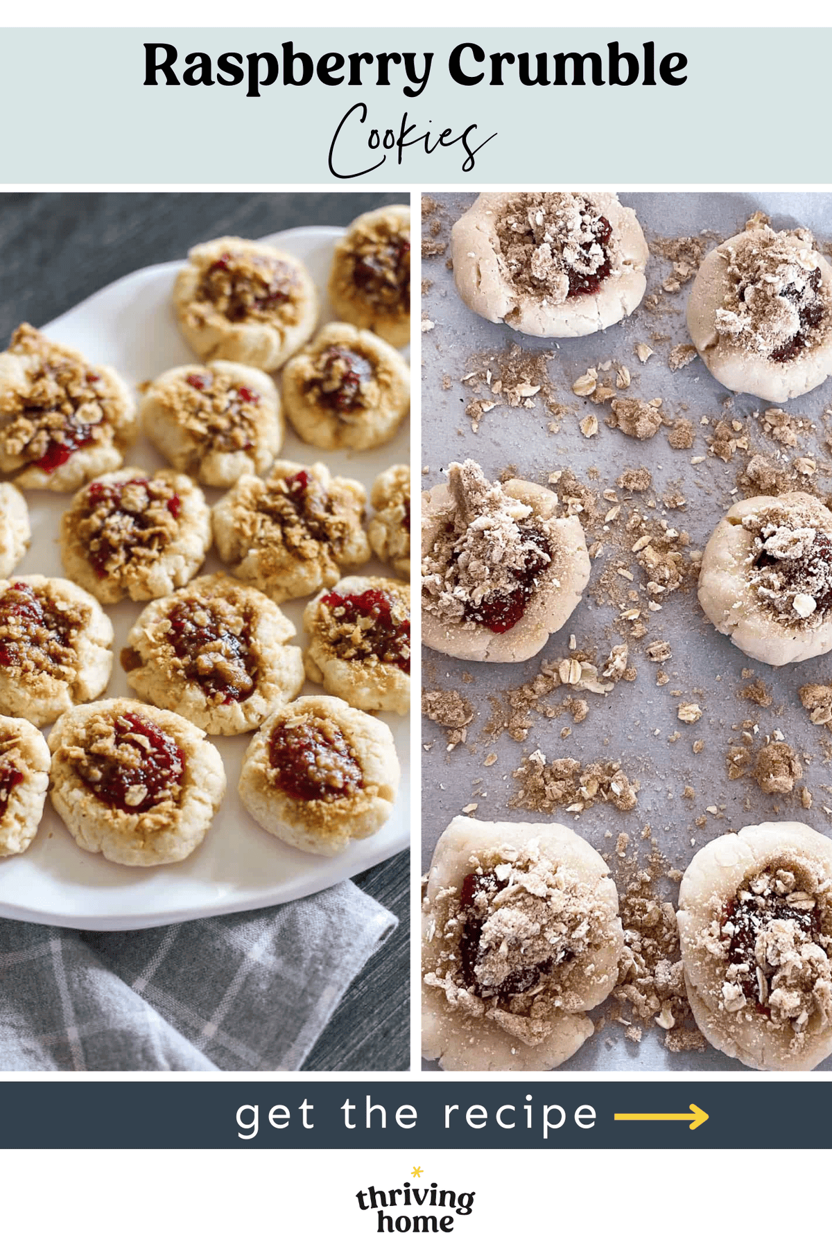 Raspberry crumble cookies on a plate in one photo and just before baking in another photo.