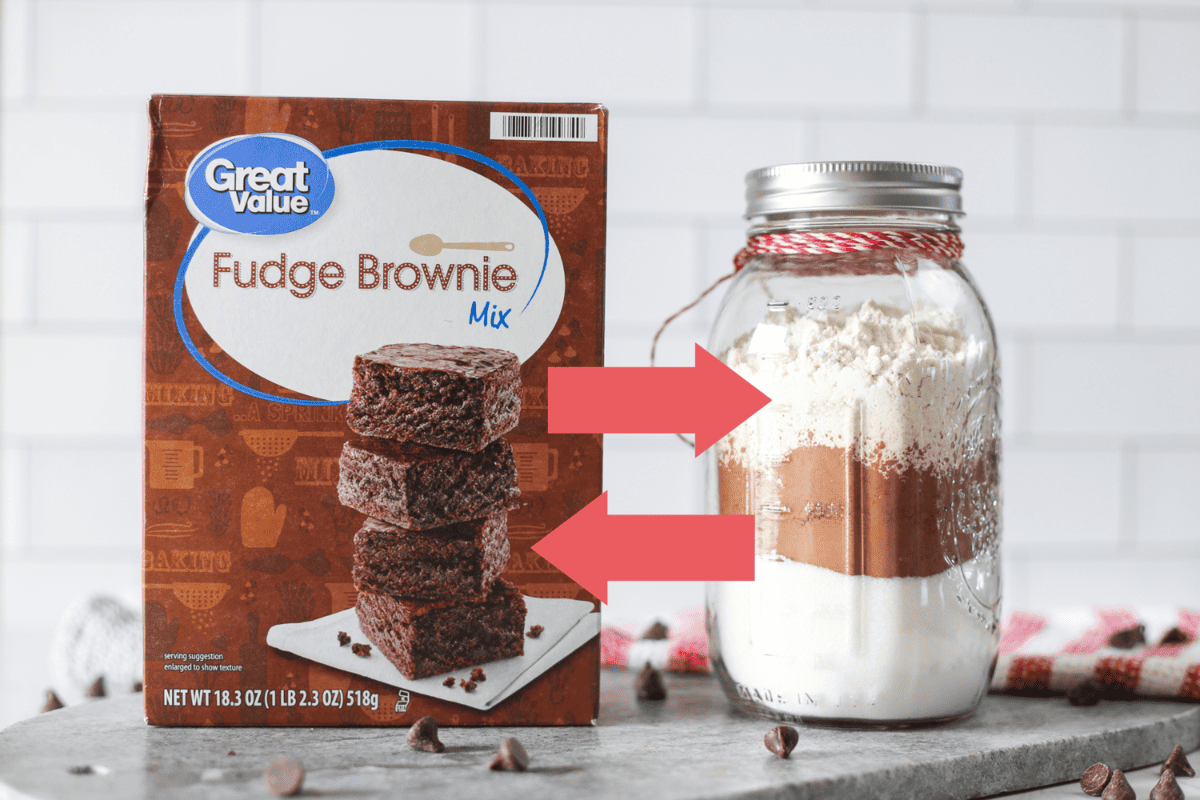 A box of brownie mix next to a jar of homemade brownie mix with two arrows going both ways between them.
