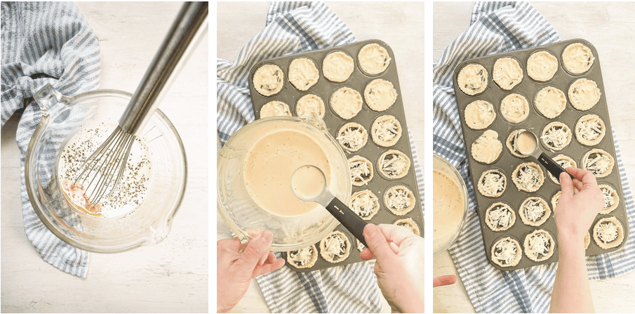 Collage of photos showing whisking an egg mixture and then adding it to mini quiche in a mini muffin tin.