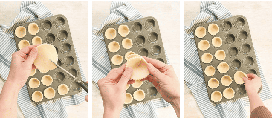 Three pictures showing how to form a pie crust for a mini quiche in a mini muffin tin.