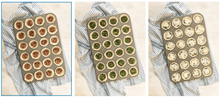 Collage of crust in mini muffin tin first with bacon, then spinach on that, and finally with shredded cheese.