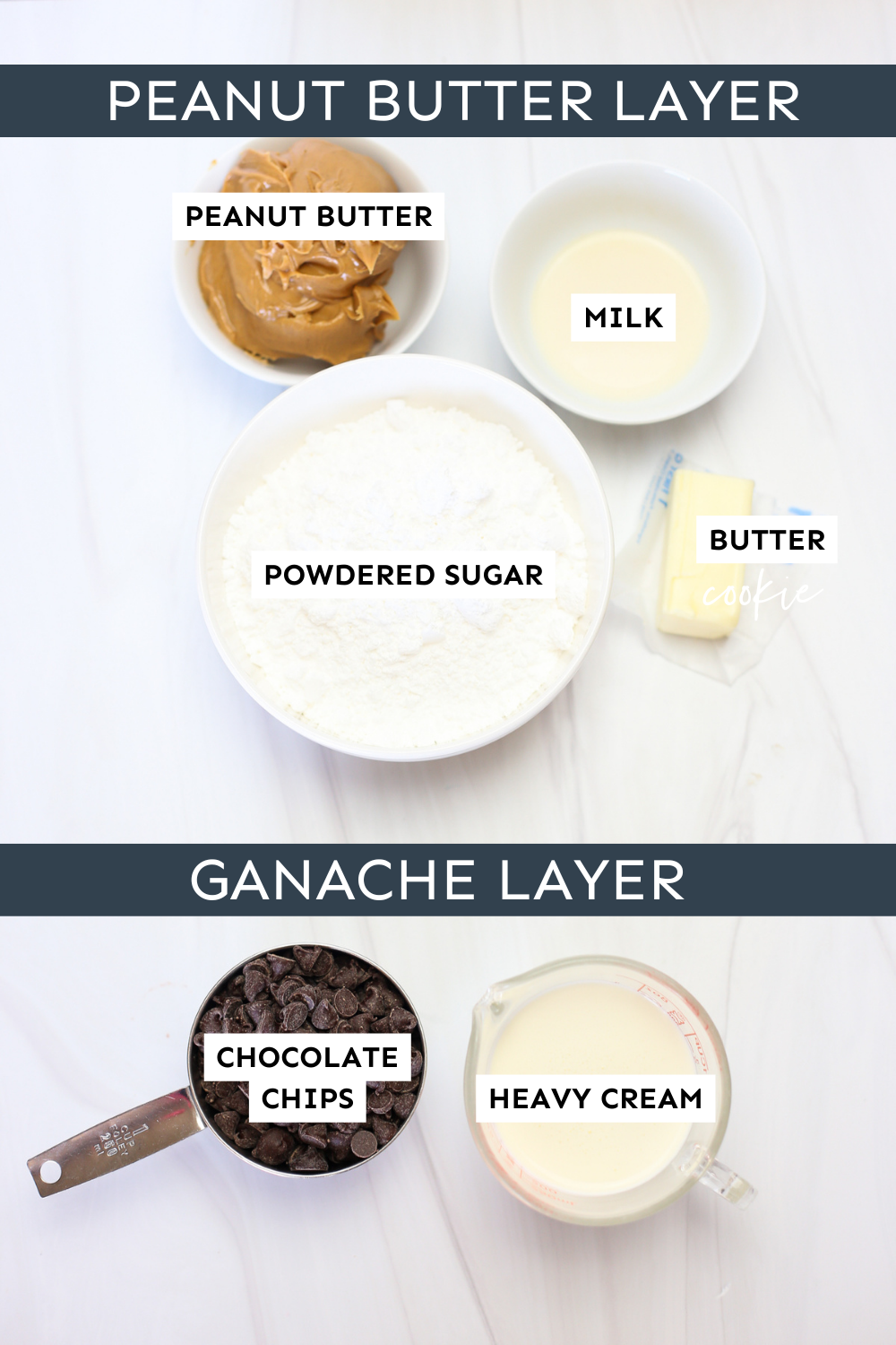 Ingredients needed for peanut butter frosting and chocolate ganache. 