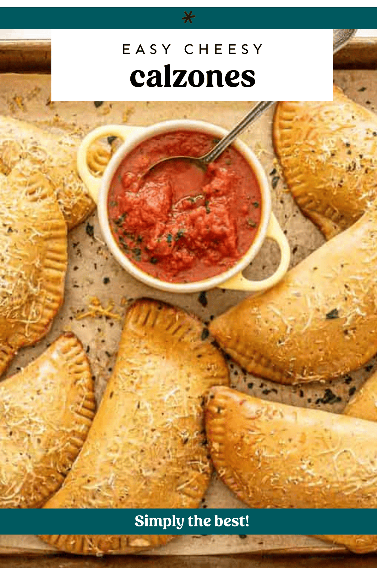 Cheese calzones served with marinara in a yellow bowl.