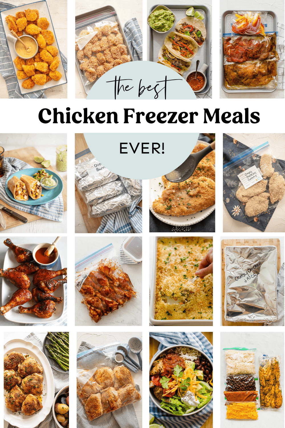 Collage of chicken freezer meals that are completed dishes side by side with freezer meal versions.