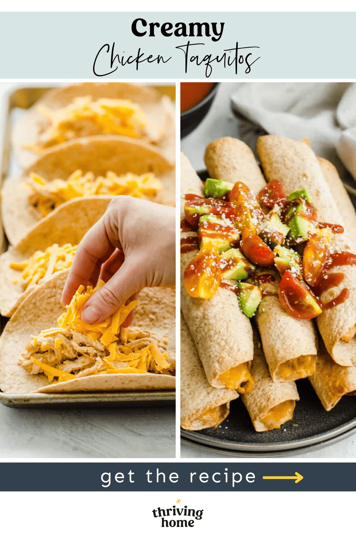 Side by side photos of chicken taquitos being made and then being served.