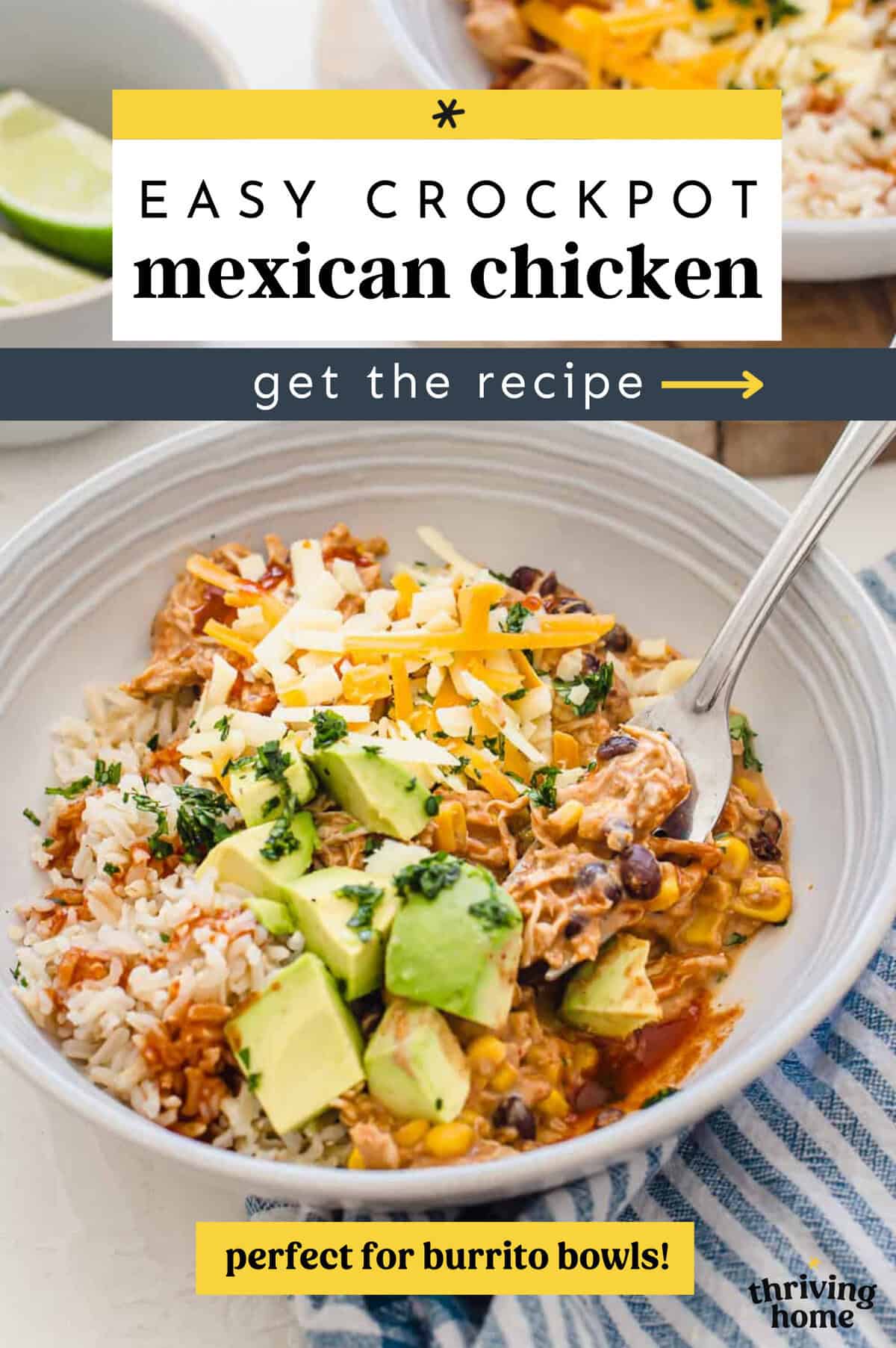 Mexican chicken in a bowl with avocado chunks and chopped cilantro on top.