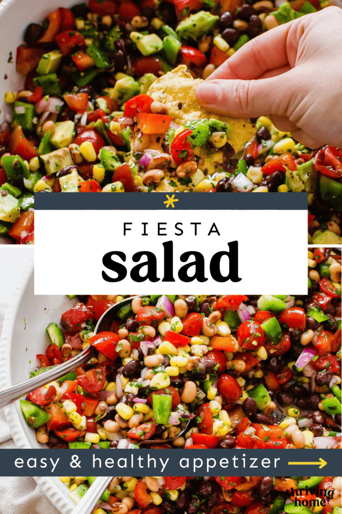 Top photo of a tortilla chip dipped in Chopped Fiesta Salad and the bottom photo of a bowl of the salad.