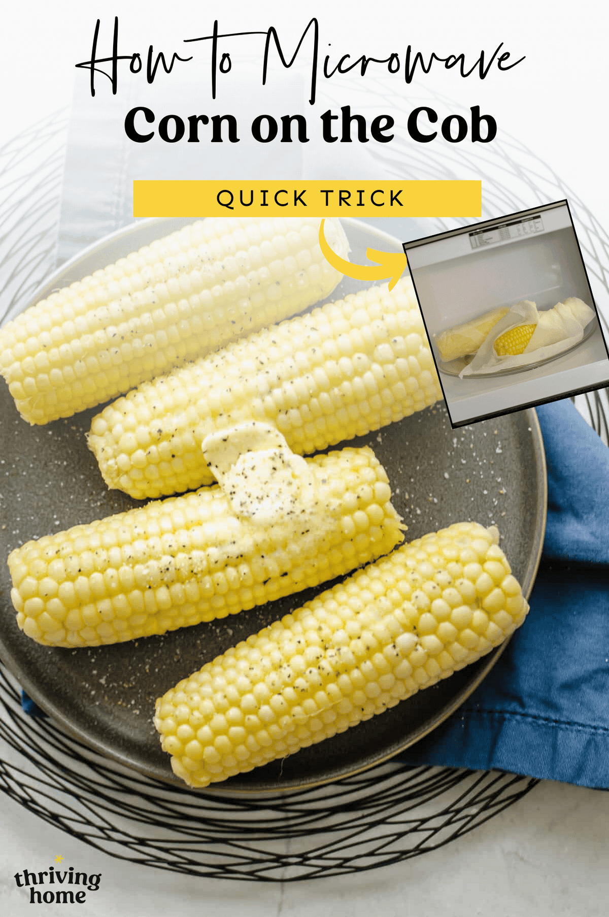 Four ears of corn from the microwave with pats of butter on top.