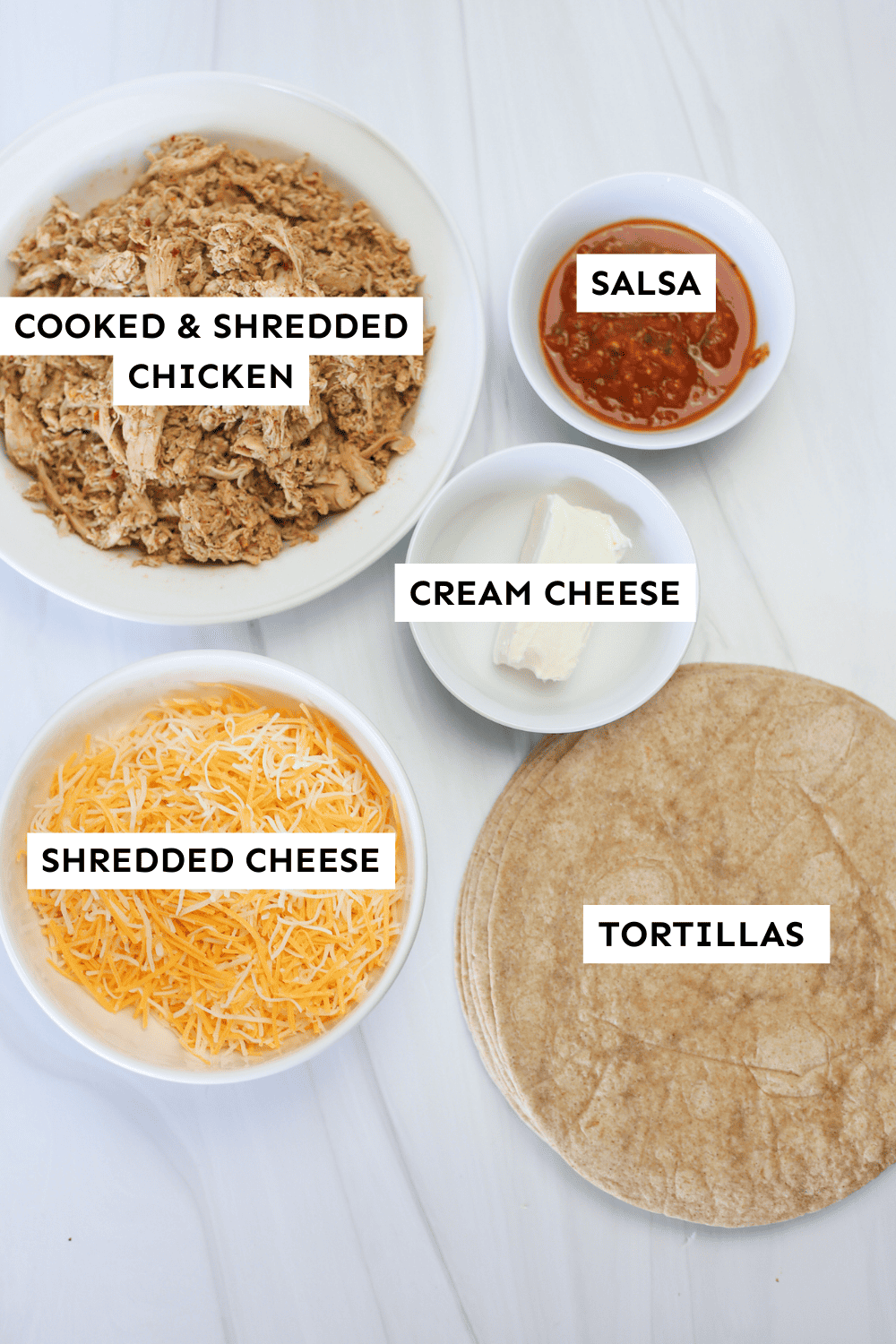 Labeled ingredients for taquitos. 
