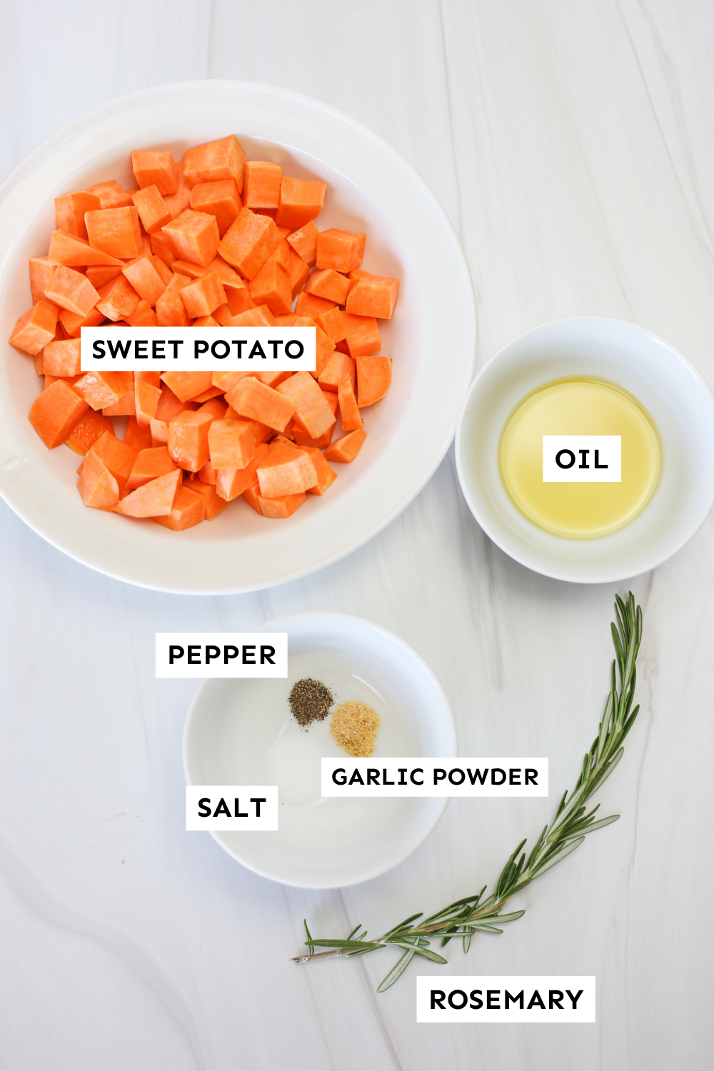 Labeled ingredients for air fryer sweet potato cubes. 