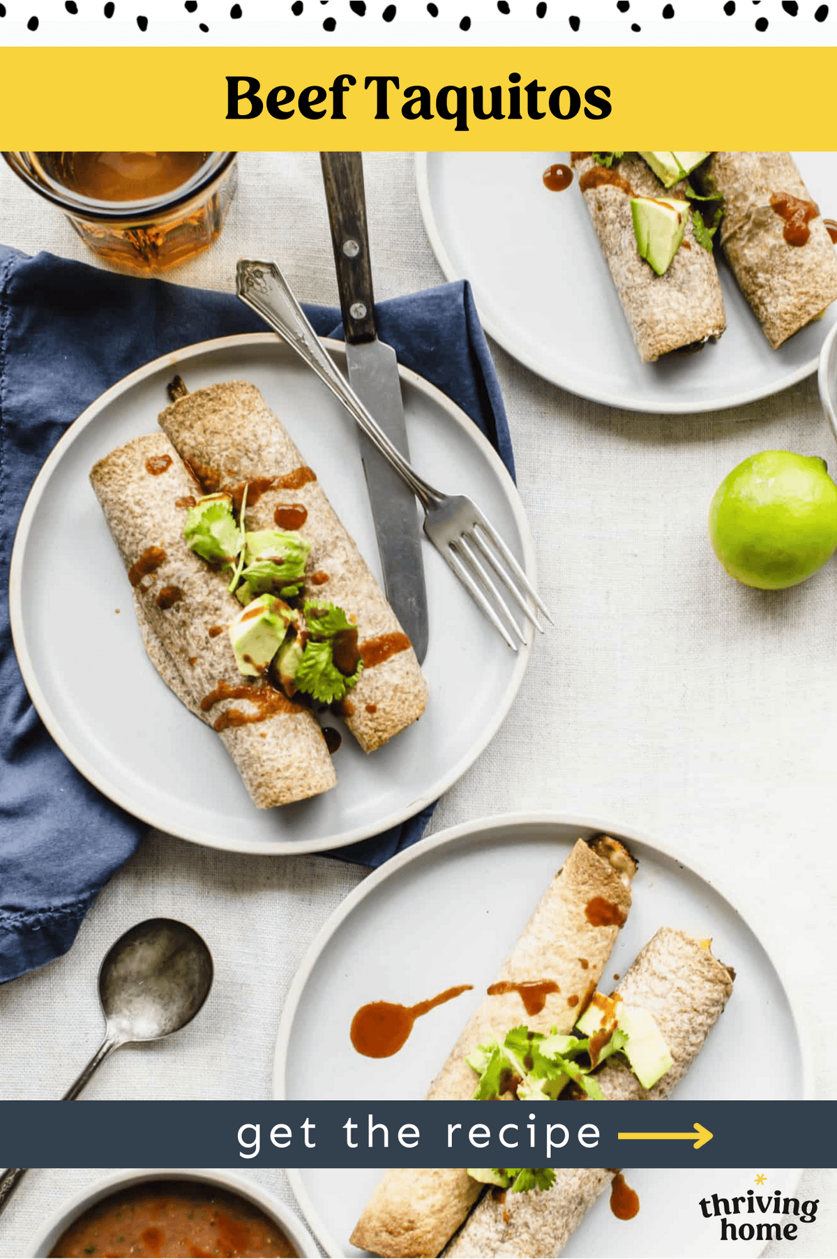 Two beef taquitos in each of three plates with avocado chunks on top.