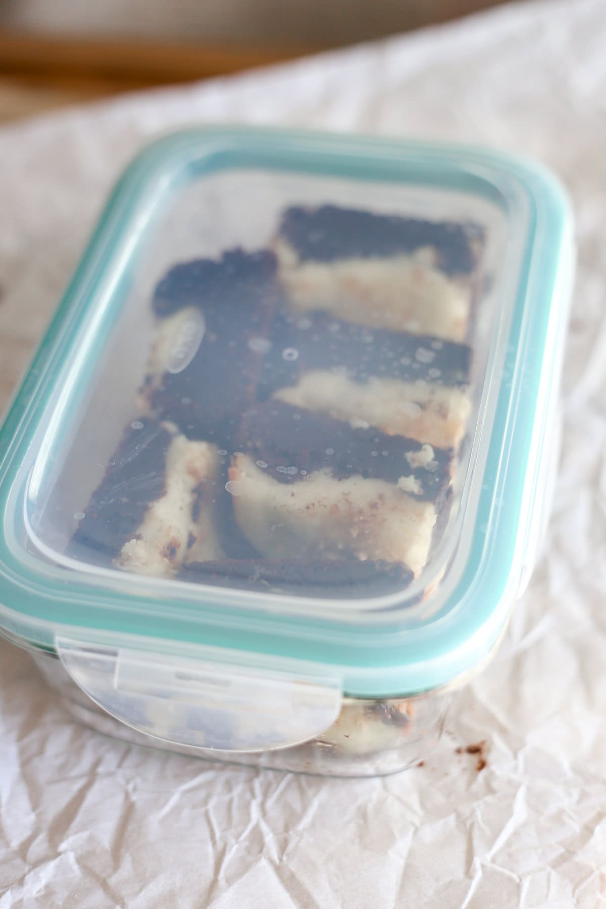 Chocolate chip cheesecake brownies in a freezer-safe container.