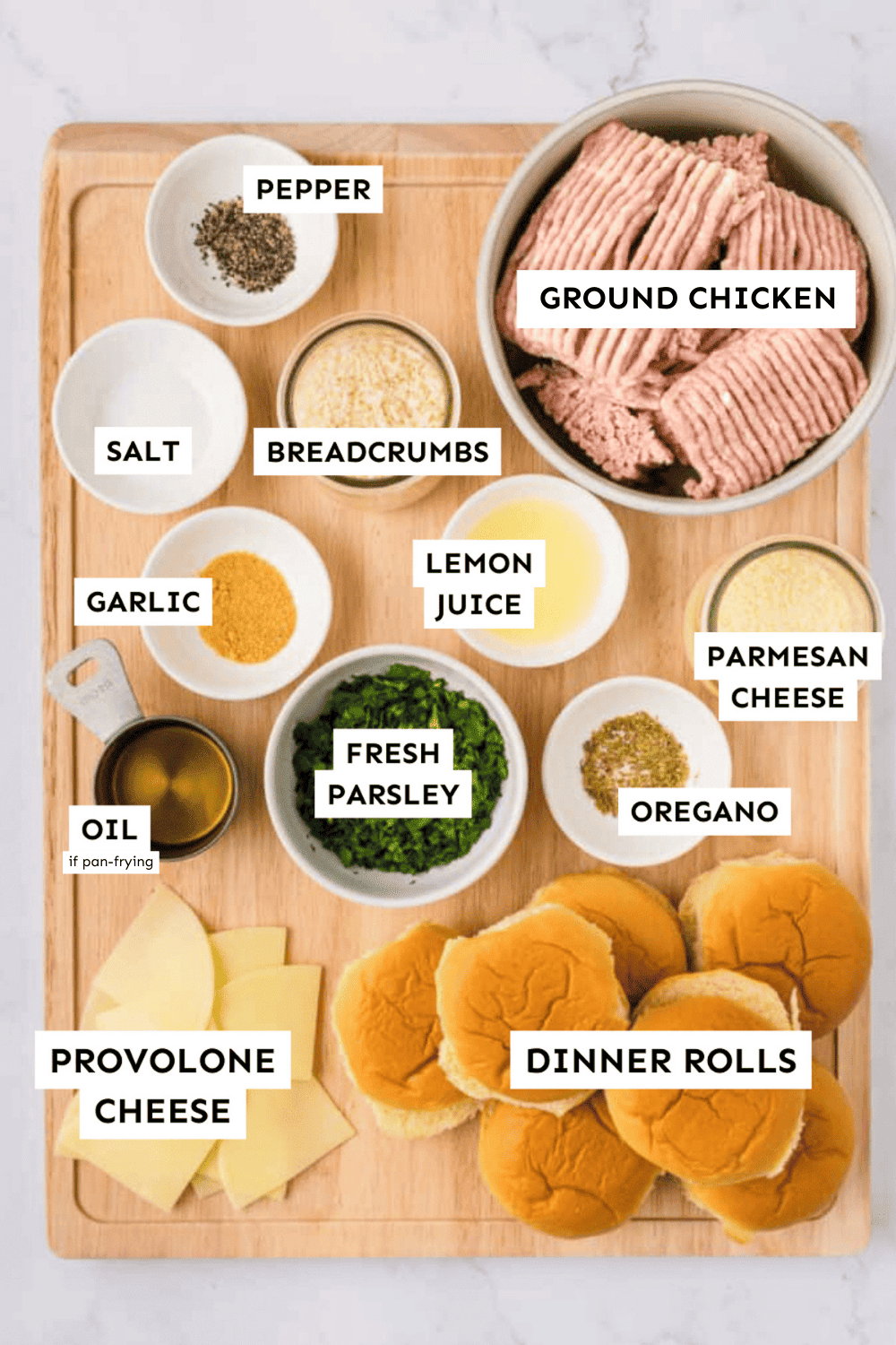 Labeled ingredients for chicken burgers. 
