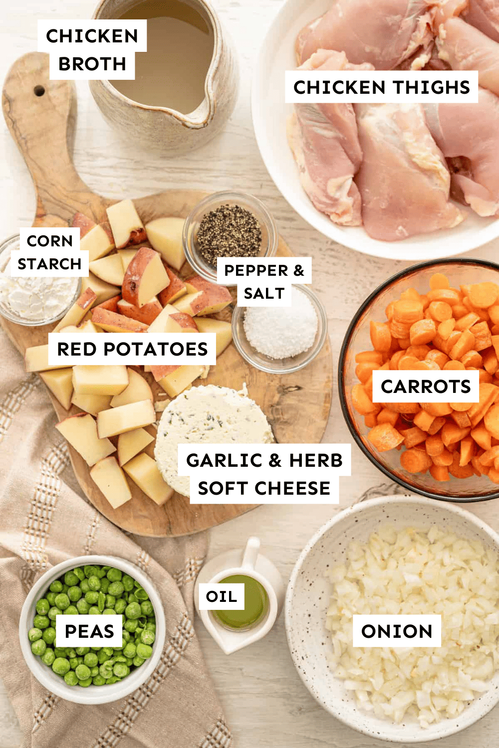 Instant Pot chicken pot pie ingredients measured out and labeled.