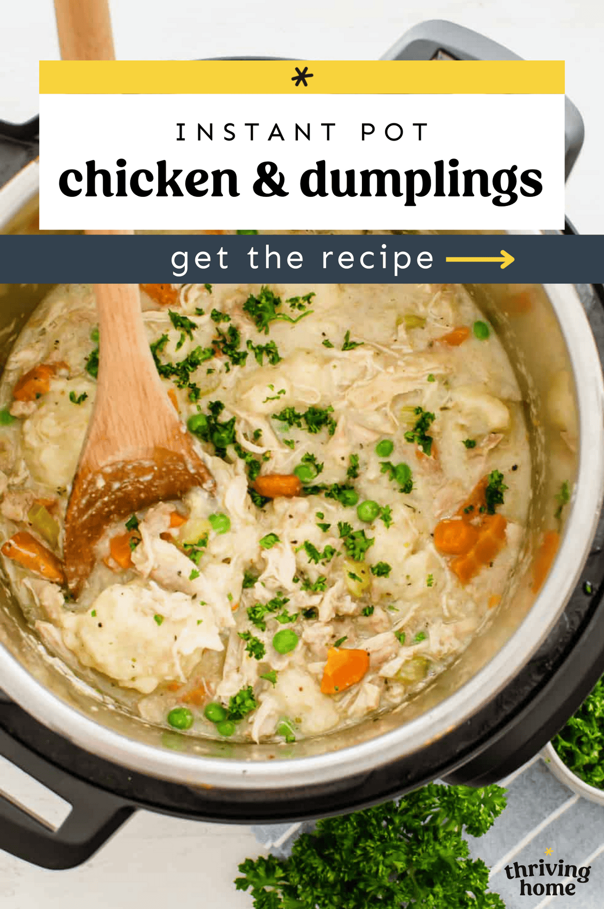 Instant Pot chicken and dumplings being served with a wooden spoon.