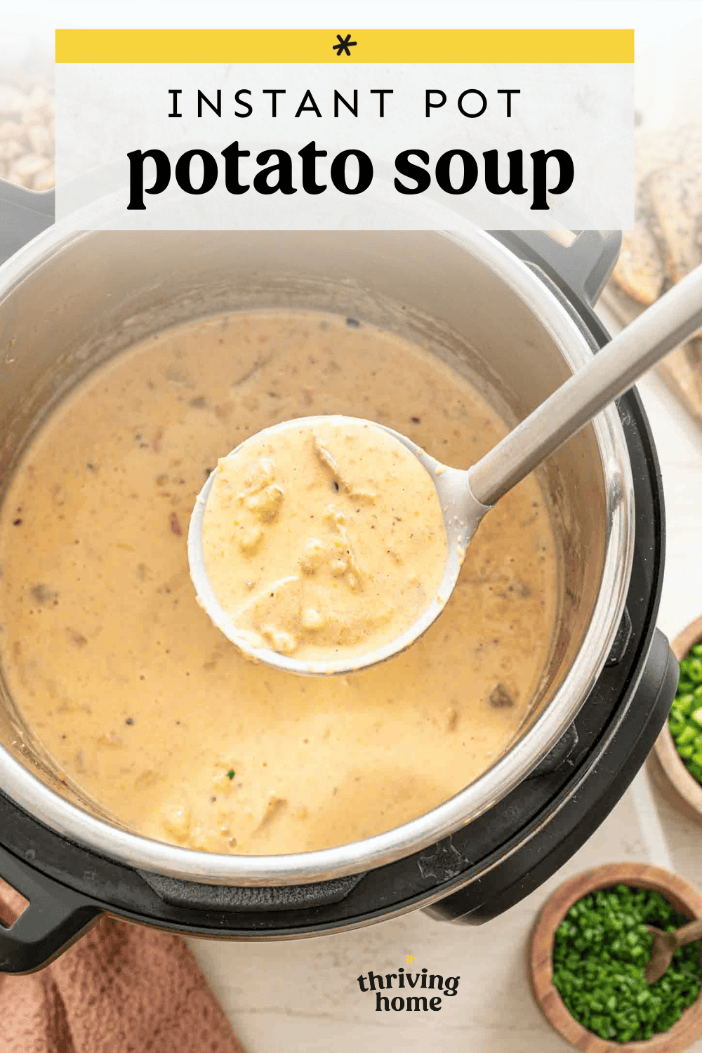 Instant pot potato soup being ladled into a bowl.