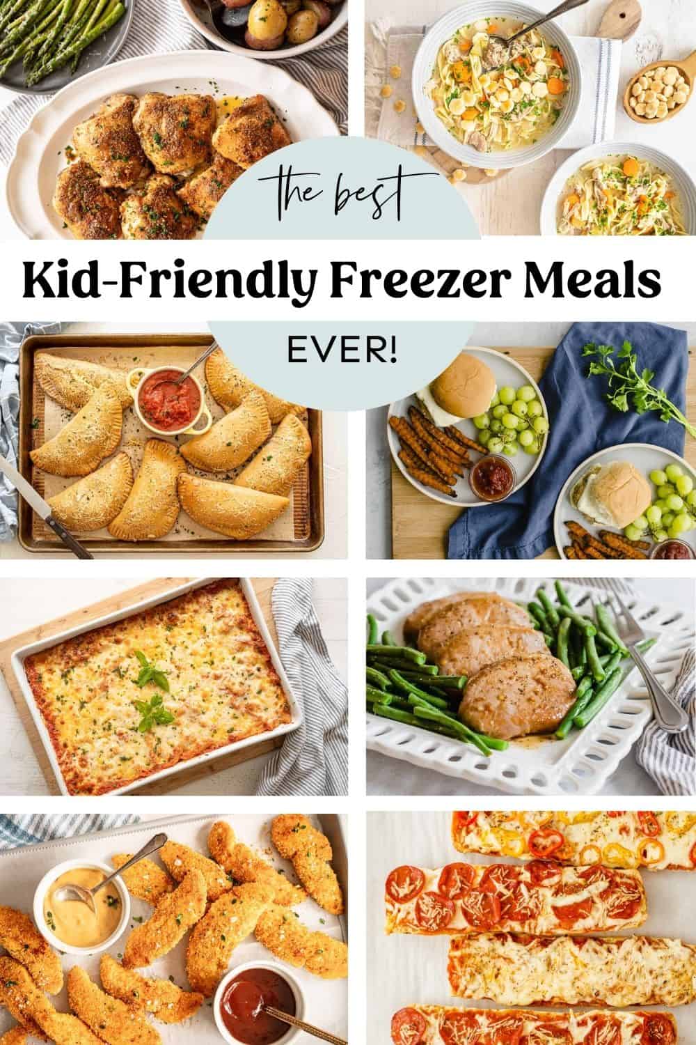 A collage of kid-friendly freezer meals.