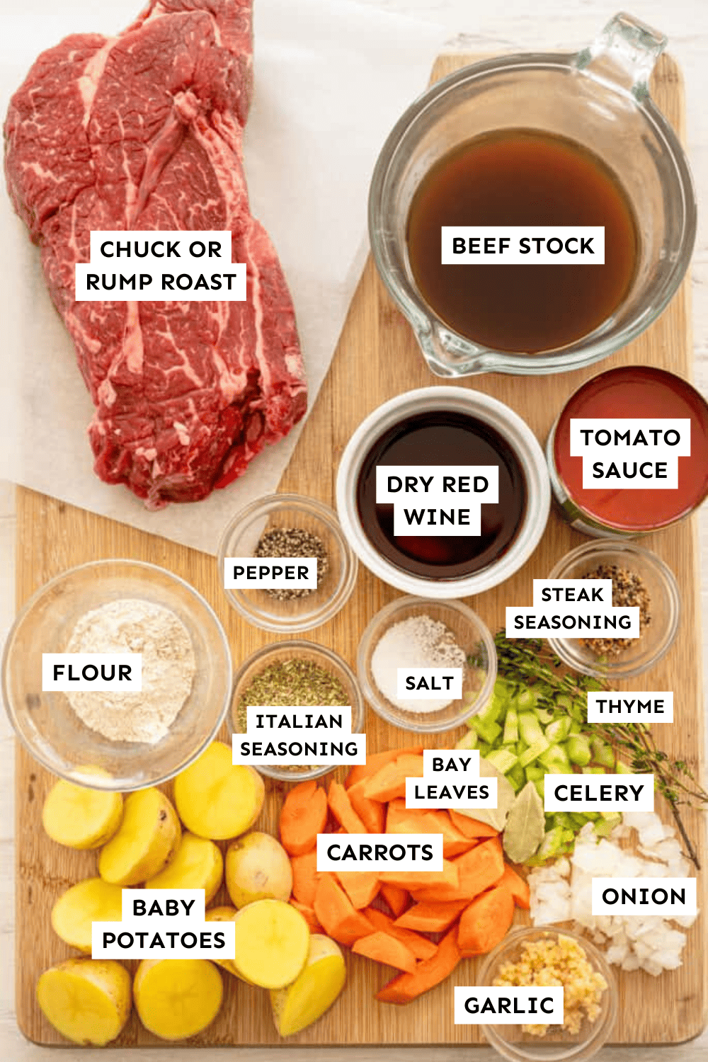 Slow cooker pot roast ingredients measured out and labeled.