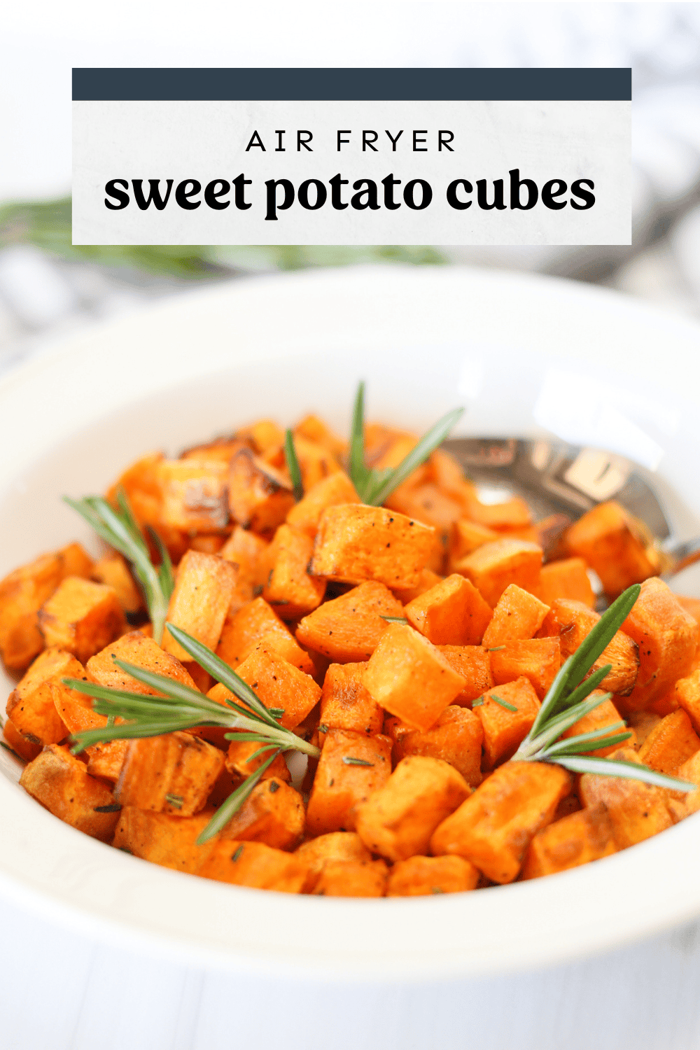 A bowl of sweet potato cubes from the air fryer.