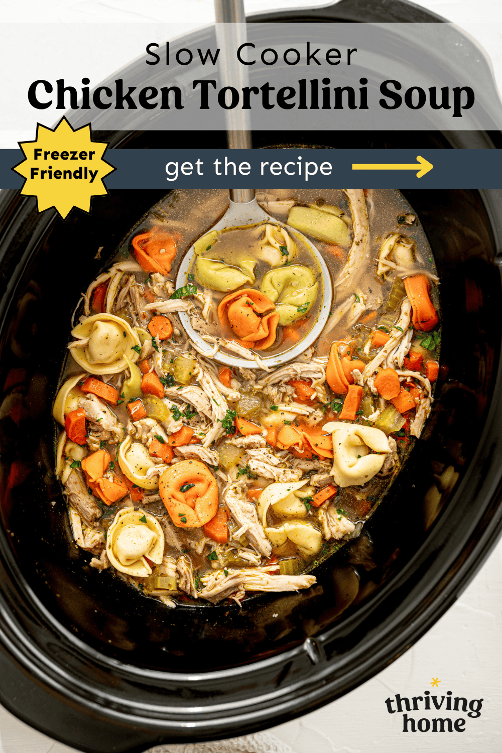 Slow cooker chicken tortellini soup being served with a ladle.