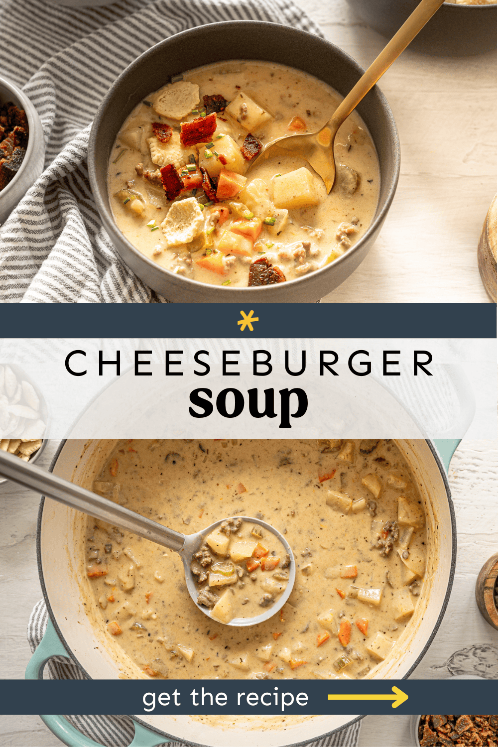 cheeseburger chowder in a dutch oven and in a bowl with a spoon.