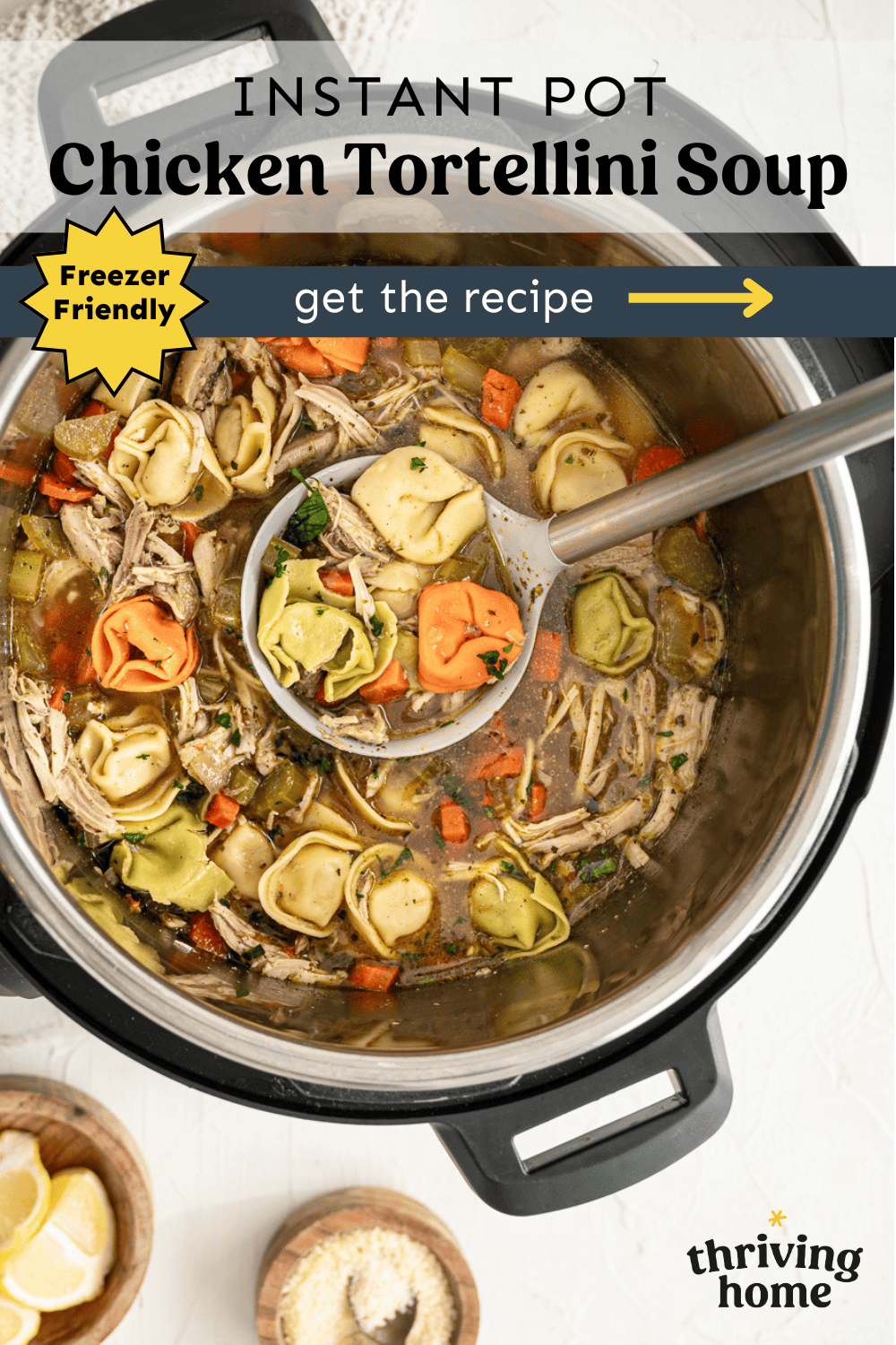 Chicken tortellini soup in the Instant Pot being served with a ladle.