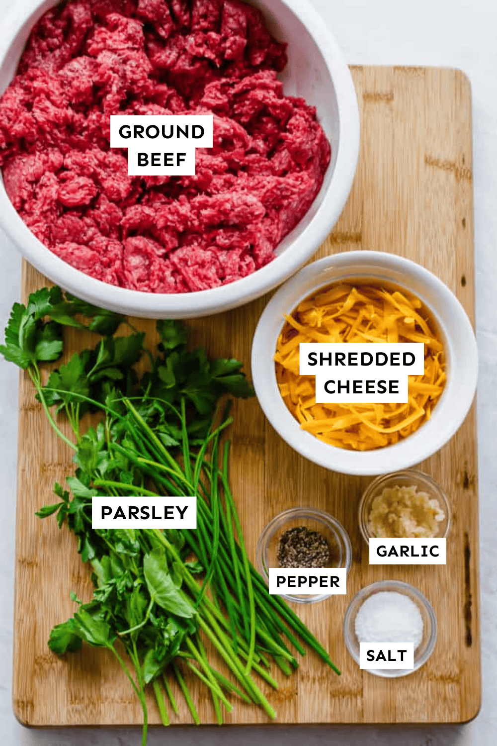 Cheesy chive burger ingredients measured out and labeled.