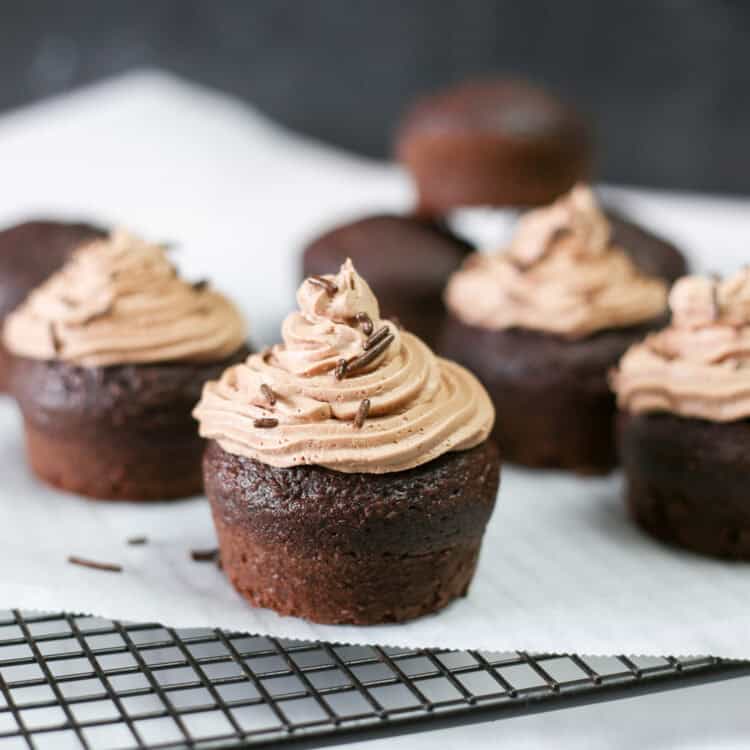 Chocolate cupcakes with homemade chocolate buttercream frosting lined up.