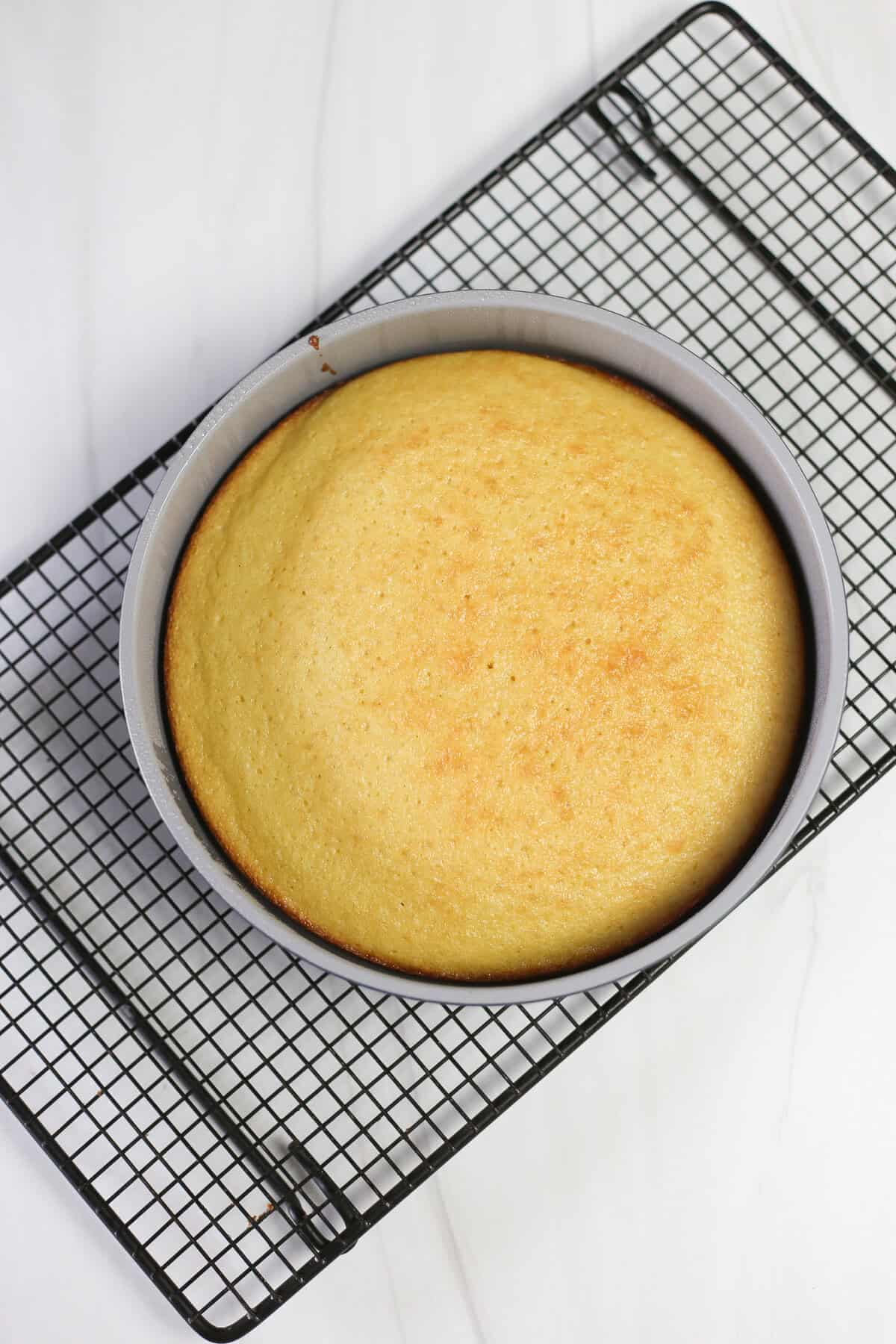 Yellow cake in a circular cake pan cooling on a rack.