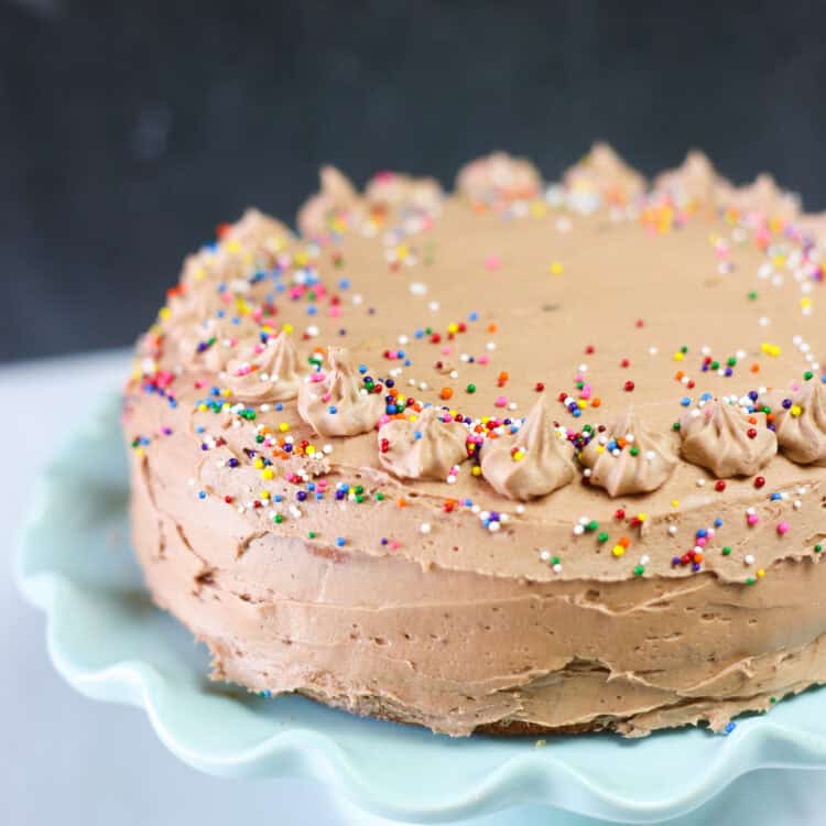 Single layer cake on a cake stand with chocolate buttercream frosting.