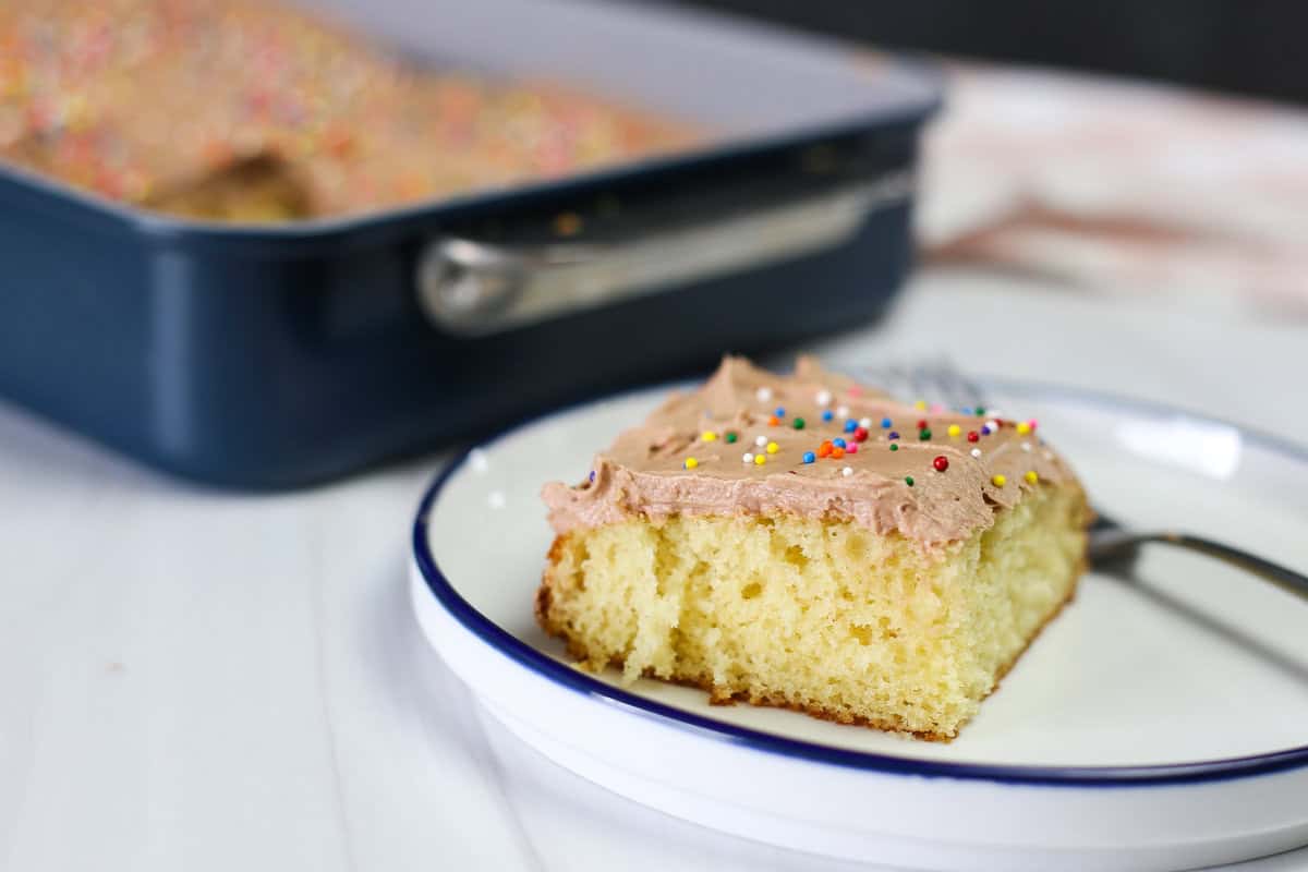 A slice of homemade yellow cake with chocolate buttercream frosting and sprinkles.