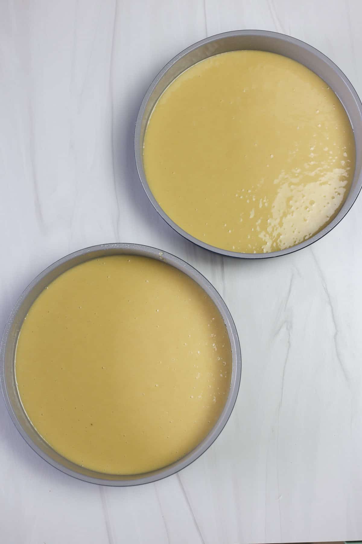 Two round cake pans with homemade yellow cake batter in them.