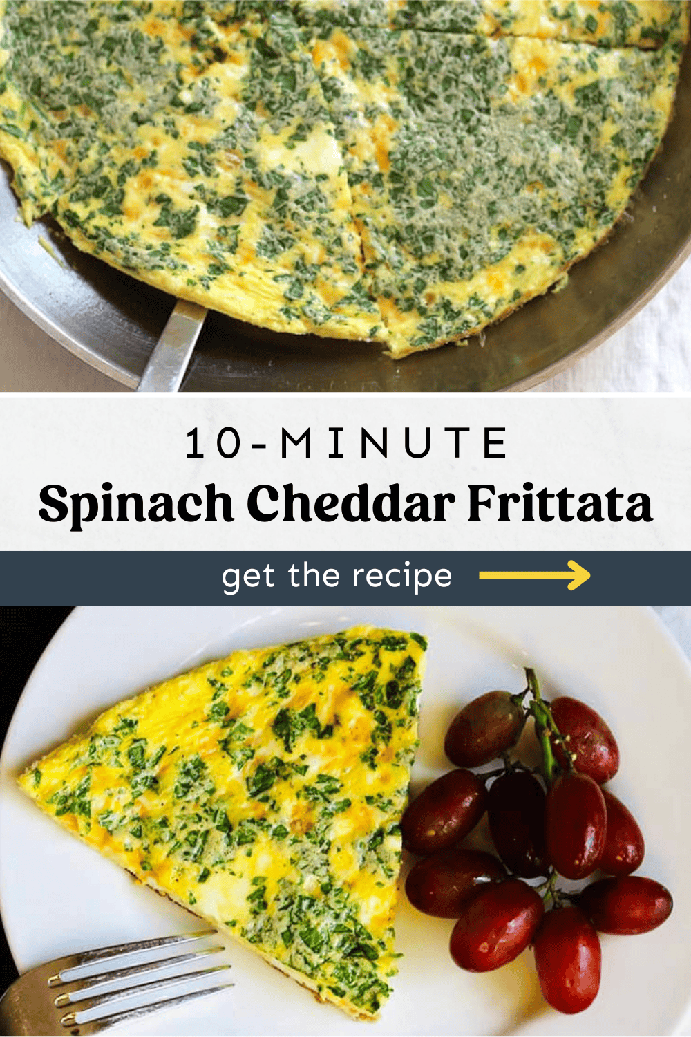 Collage of frittata photos with one in the pan and one with a frittata slice on a plate with red grapes.