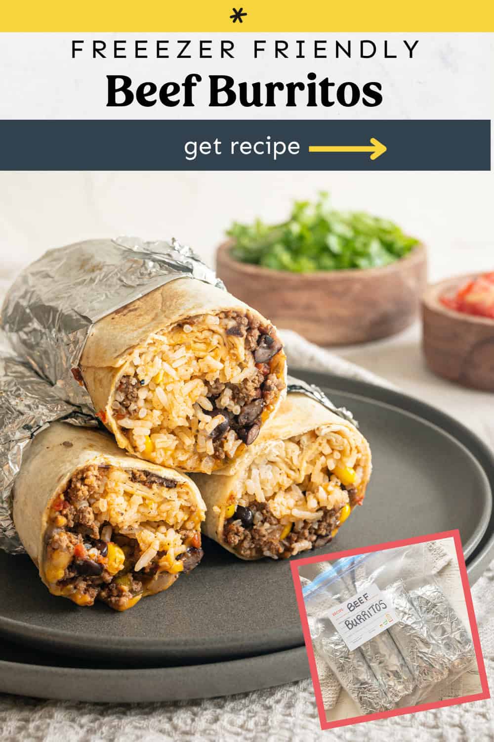 Beef burritos stacked on a plate for serving.