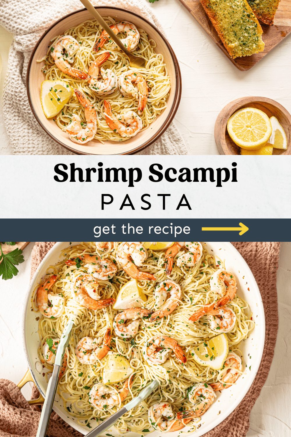 Collage with bowl of shrimp scampi pasta on top and it being served from a pan on the bottom.